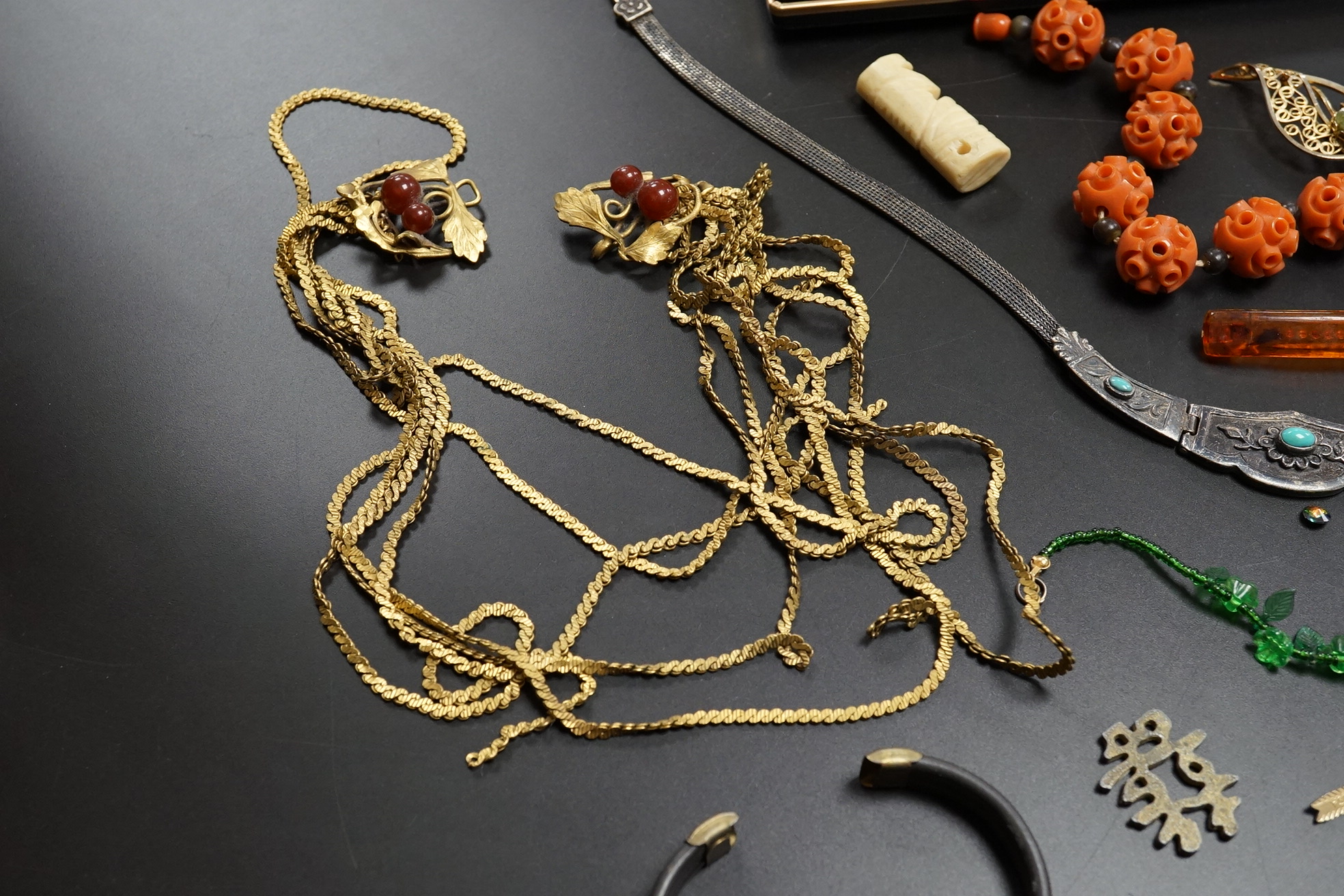 A small group of assorted costume and other jewellery, including a late Victorian silver hexagonal brooch(a.f.) a platinum and gem set ring and two pens Waterman and Elysee.